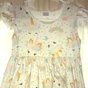 white and Rainbow Unicorn flutter sleeve dress 8